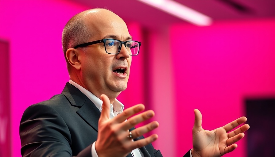 AI expert discussing future advancements, vivid pink background.