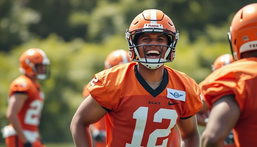 Energetic athlete in orange jersey smiling during practice, Shedeur Sanders hype.