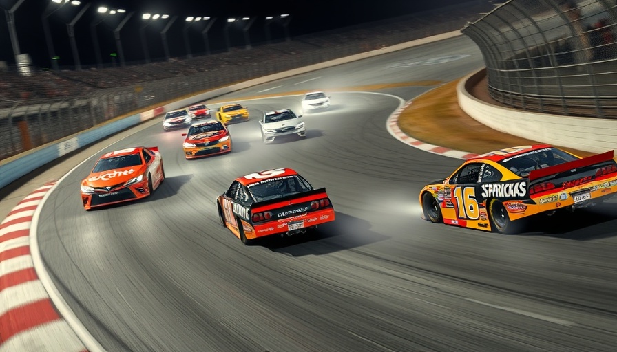 NASCAR race cars speeding on track at night, showcasing international drivers.