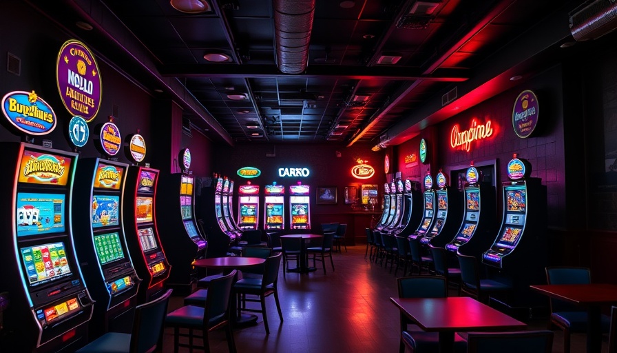 Dimly-lit gaming room with slot machines in Illinois.
