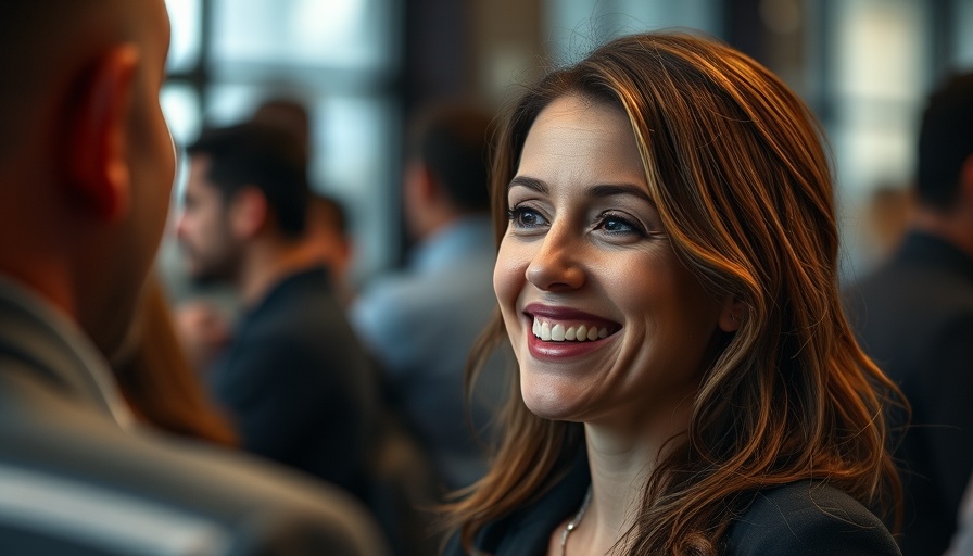 Candid shot of smiling woman in conversation.