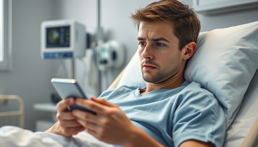 Young man concerned reading phone in hospital, toxic workplaces impact.