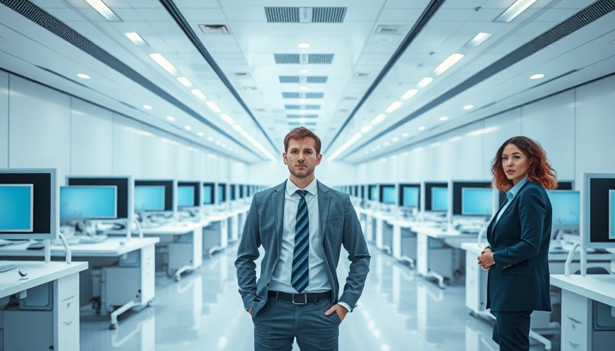Concerned employees in a futuristic office, highlighting work-life balance crisis.