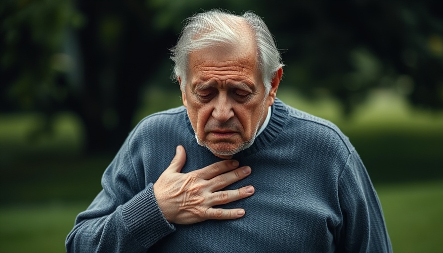 Elderly man holding chest in discomfort, blurred green background.
