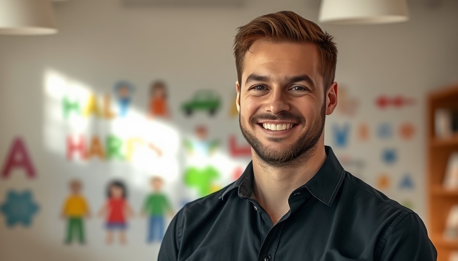Confident man indoors with children's drawings, keeping kids safe online theme