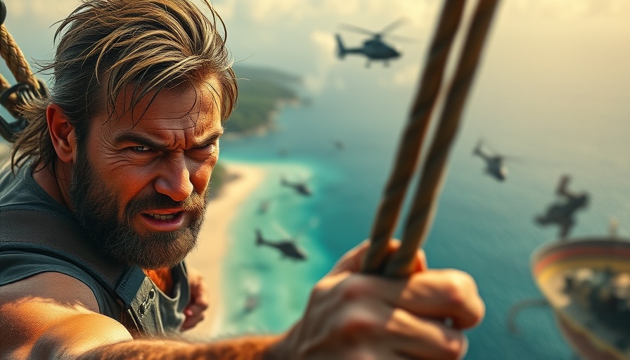 Action-packed scene from Just Cause 5 with hero using grappling hook amid helicopters.