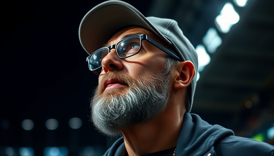 Thoughtful man with glasses and cap in stadium lighting.