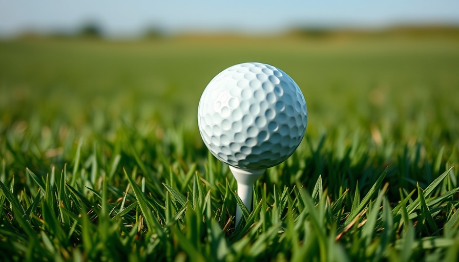 Golf ball on tee with a lush fairway backdrop.