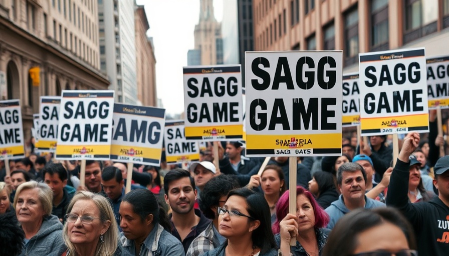 SAG-AFTRA video game strike rally with protest signs in urban setting.