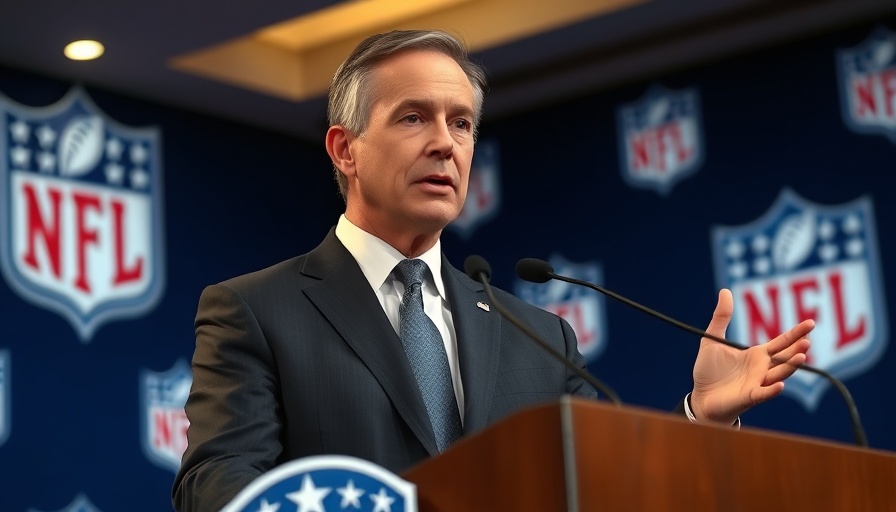 Middle-aged man speaking at podium with NFL logo background.