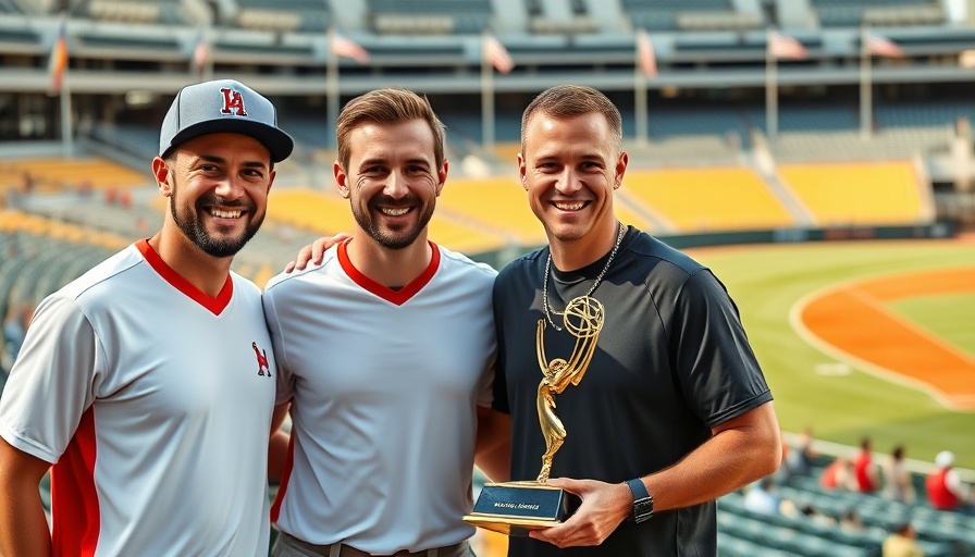 Three men at baseball stadium holding Emmy Award.