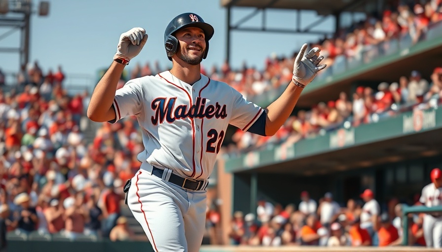 Baseball player celebrating a run during a game, excited crowd.