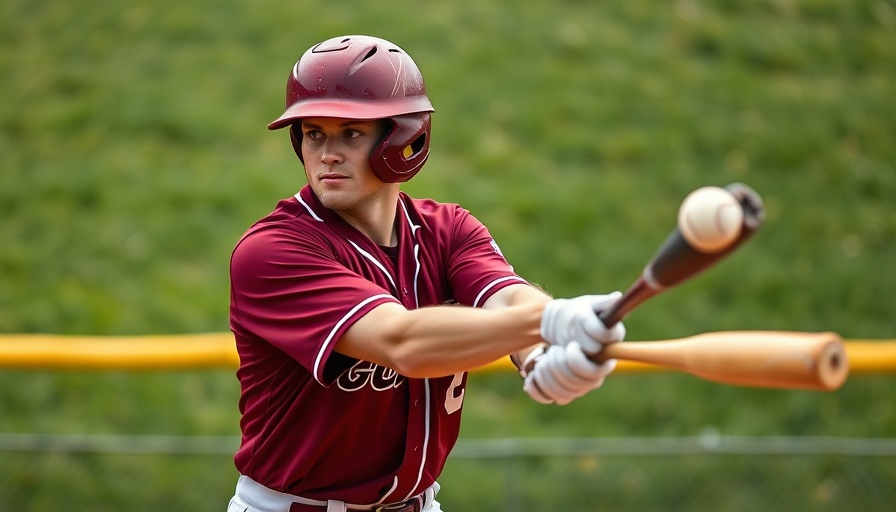 Baseball player in maroon swinging bat during game action.