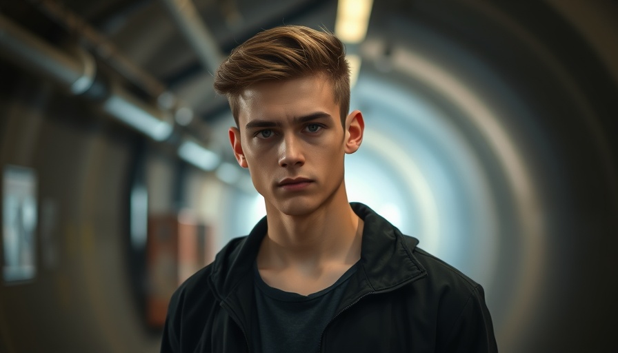 Stylized young man with confident expression in a tunnel, cinematic.