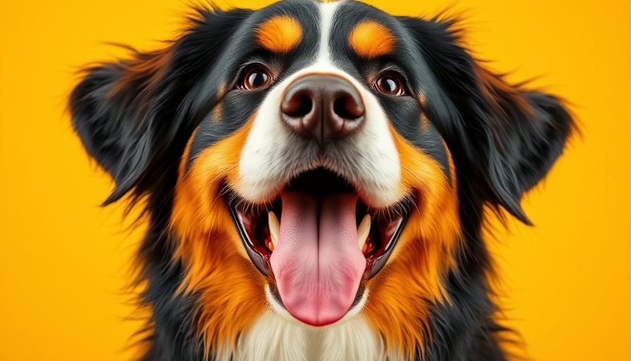 Happy Bernese Mountain Dog against yellow background, keeping pets safe and healthy this summer.