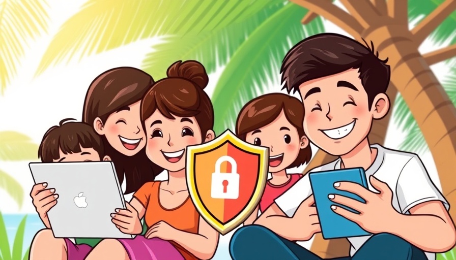 Cartoon family learning internet safety tips, vibrant background.