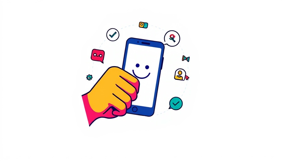Illustration of hand using smartphone with smiley face