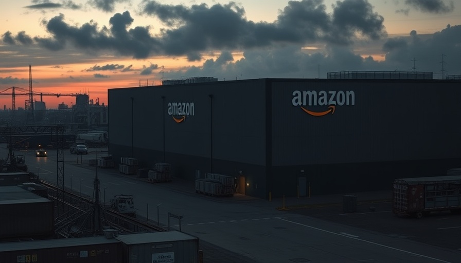 Amazon warehouse at dusk highlighting harsh work conditions.