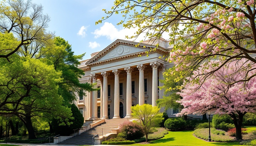 Majestic university building with blooming trees questioning if college is failing America.