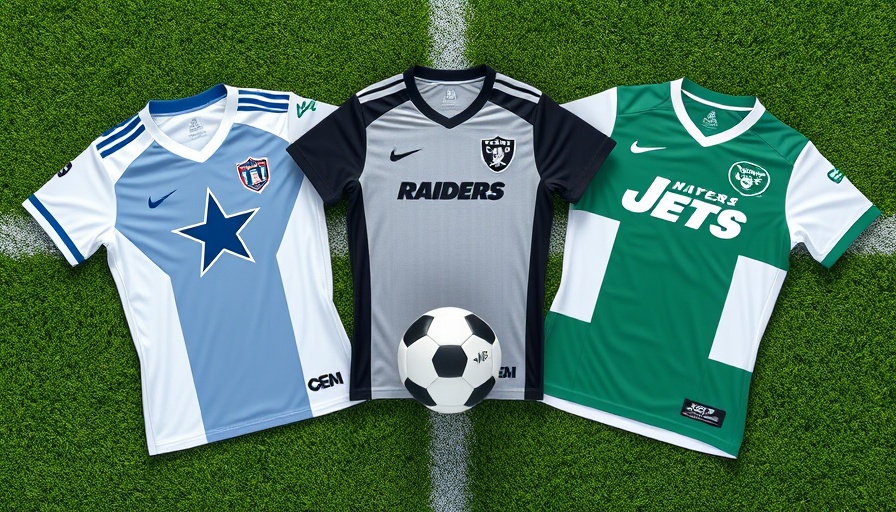NFL Soccer Club Jerseys on grass with football and soccer ball.