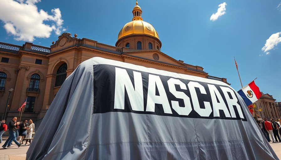 NASCAR logo outside historic building under sunny sky.