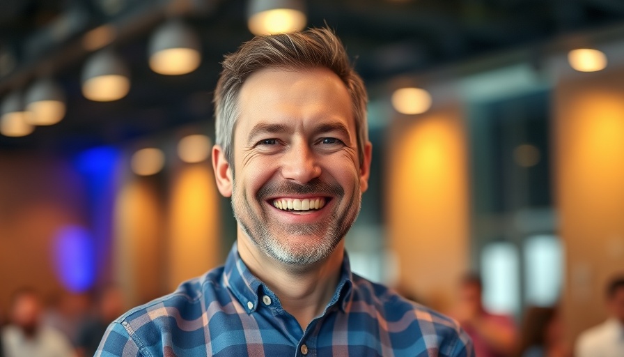 Cheerful man at conference embodying work-life balance.
