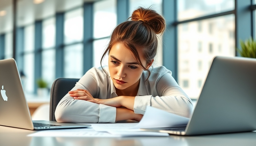 Stressed woman at work illustrating mental health at work.