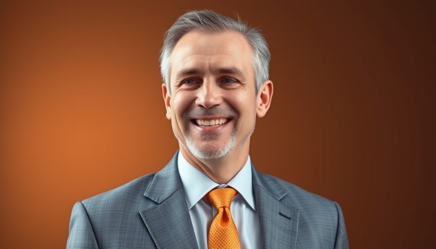 Man in gray suit and orange tie smiling in a professional portrait.