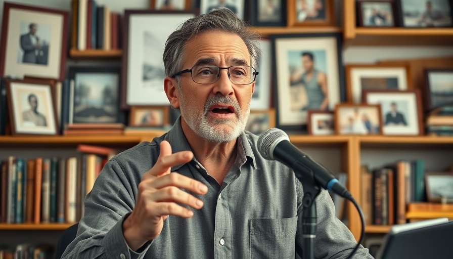 TV production setting with a man speaking into a microphone.