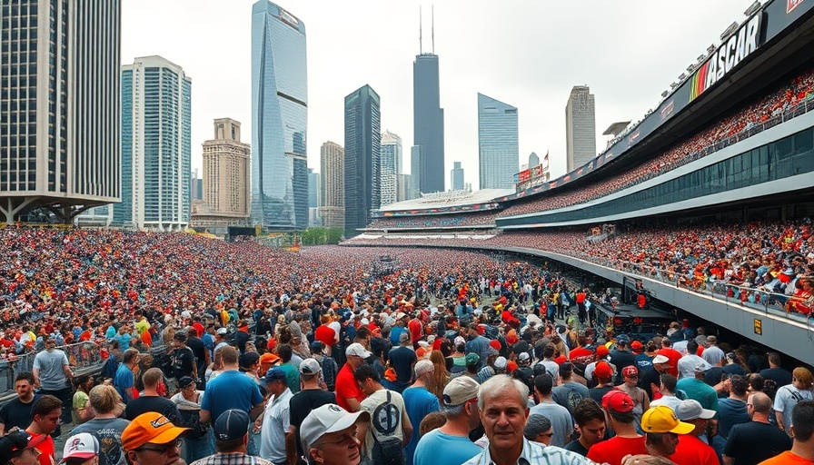 Crowd at NASCAR event with Chicago skyline in background, NASCAR future Chicago.
