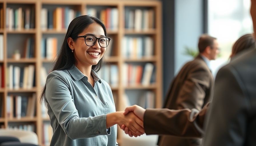 Confident young woman in office, handshake greeting emphasizing work-life balance.