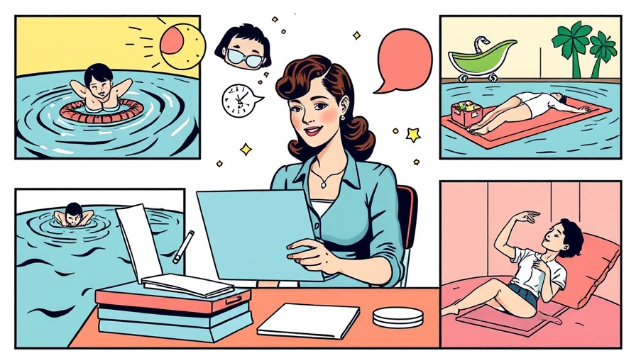 Comic-style depiction of work-life balance with various activities.