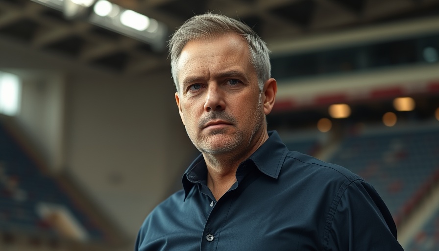 Serious man indoors in a stadium setting, emphasizing concern.