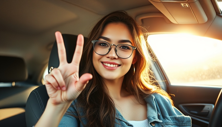Casual woman in car showcasing peace sign representing work-life balance.