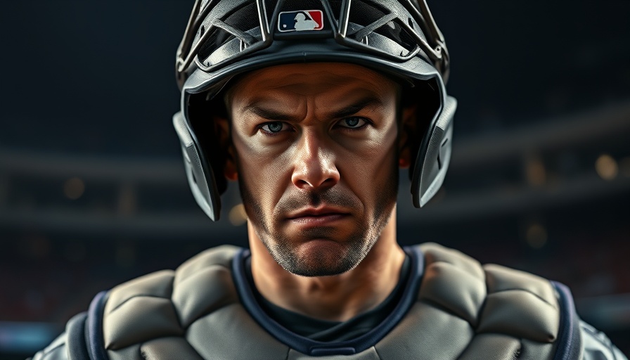 Focused baseball player in catcher gear during a game.