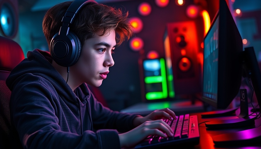 Young person gaming with neon lights, highlighting video game impacts.