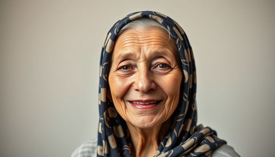 Elderly woman in headscarf smiling, cultural sensitivity in care.
