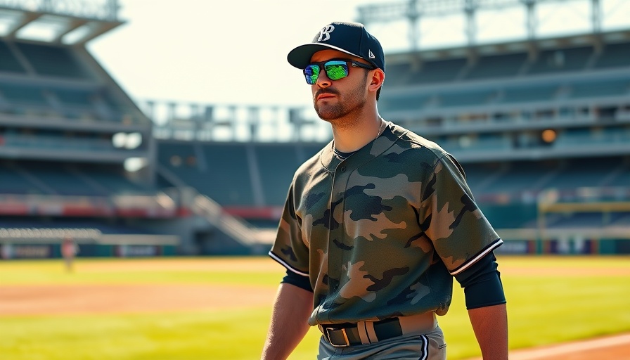 Baseball player confidently walking on sunny field, camo uniform.