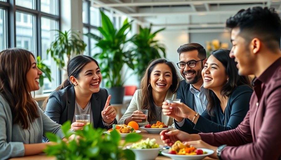 Future of Work: Young professionals sharing lunch in modern office.
