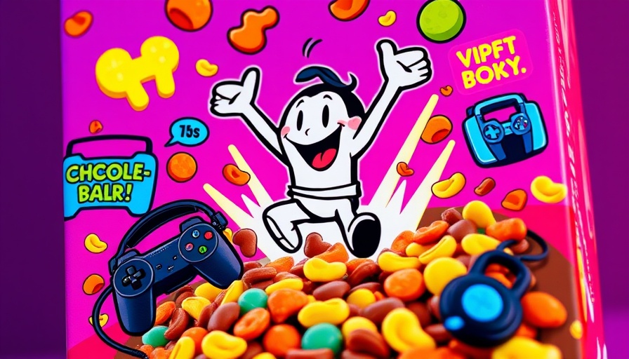 Video game-themed cereal box with chocolatey hoops and gaming prizes.