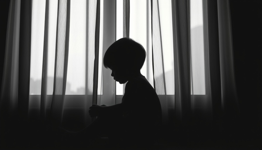 Silhouetted child sitting alone by window, emphasizing vulnerability, child abuse prevention during summer.