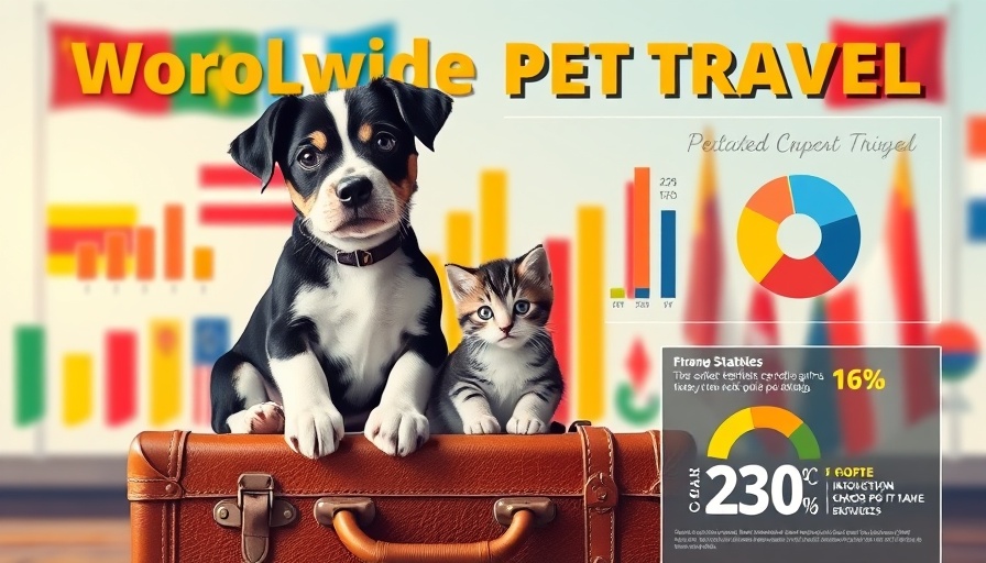 Pet travel statistics infographic with dog and cat on a suitcase.