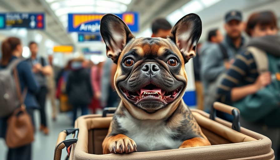 French Bulldog in carrier at airport, related to airlines pet travel policies.
