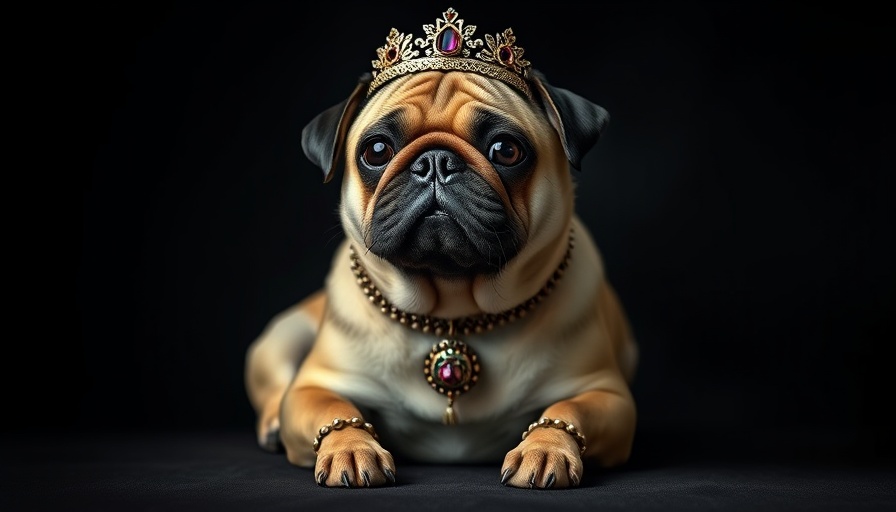 Elegant pug wearing extravagant jewelry, ideal for dog passport for international travel promotions.
