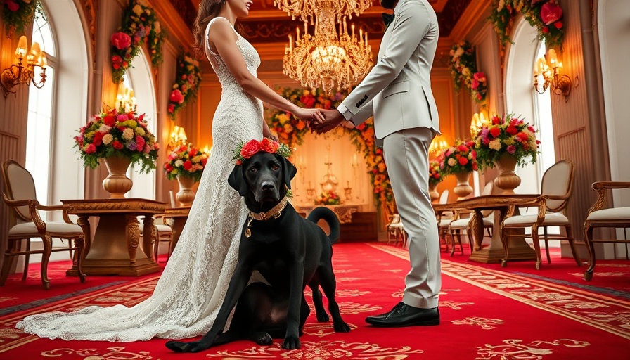 Black labrador in floral wreath with wedding couple at luxury venue.