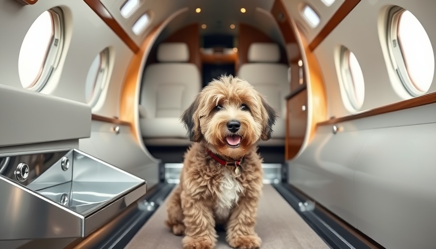 Dog at private jet entrance for pet travel airlines.