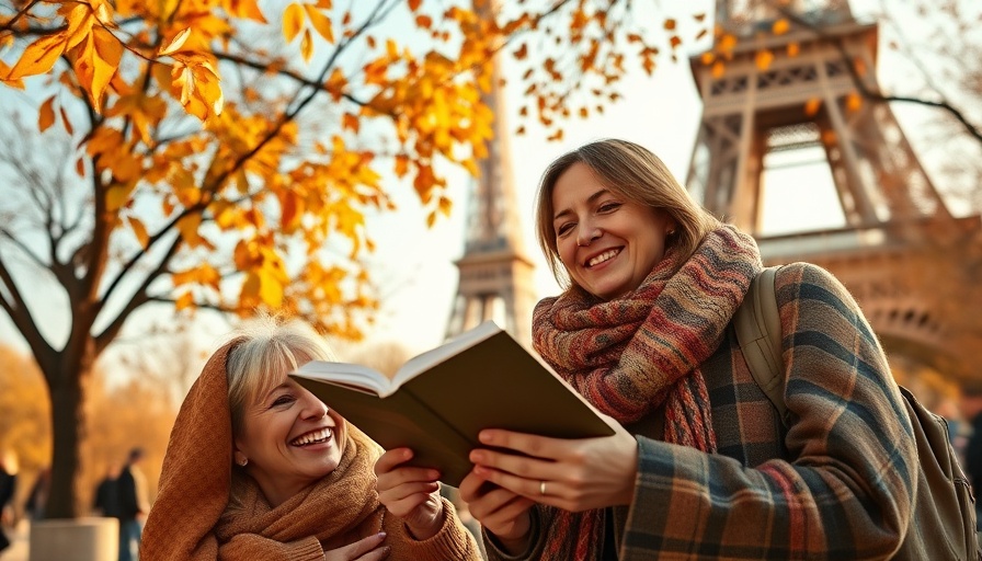 Couple near Eiffel Tower reading a guide with autumn backdrop.