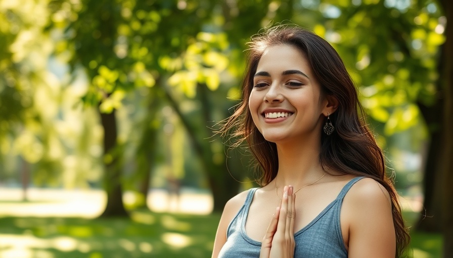 Smiling woman practicing mindfulness in a serene park.