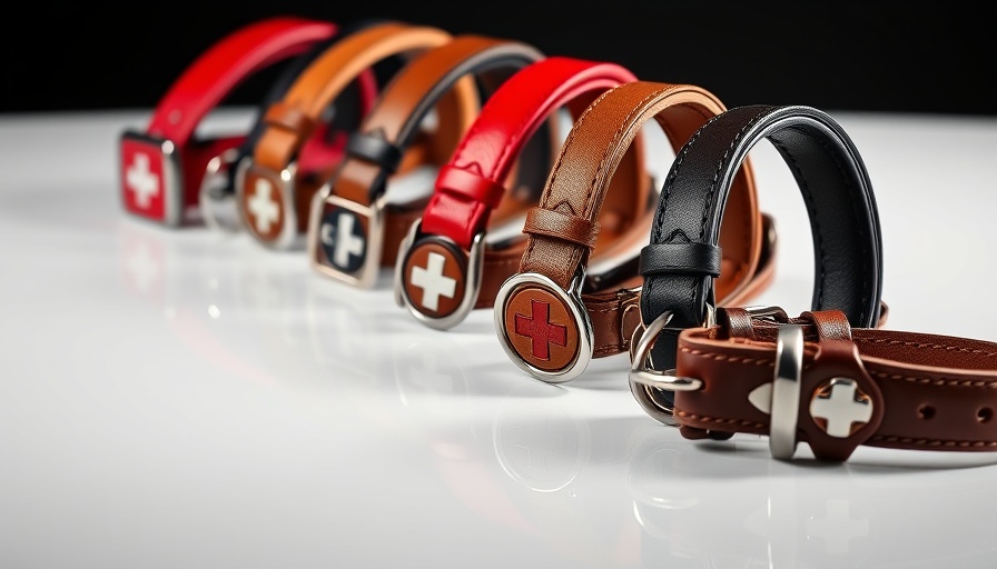 Stylish SWISS Set for Pets dog collars on white background.