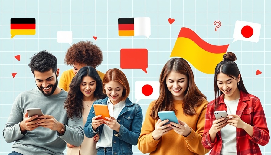 Collage of people using language apps, vibrant design, grid pattern.